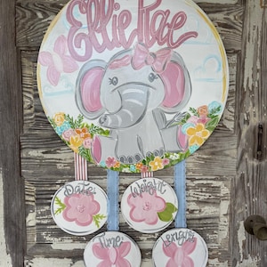 Personalized Baby Door Hanger -  elephant Birth Announcement - Hospital Door Hanger - Baby Girl Nursery - Baby Shower Gift - Nursery Decor
