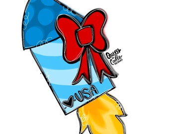 May include: A blue and white striped rocket with a red bow and the text "Love USA" on the side. The rocket has a yellow flame coming out of the back.