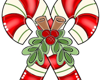 May include: Two red and white candy canes crossed over each other with green holly leaves and red berries in the centre. The candy canes have white dots on the ends.