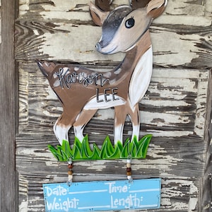 Personalized Baby Door Hanger -  Birth Announcement - Hospital Door Hanger - Baby Boy Nursery - woodland creatures - Nursery Decor - deer