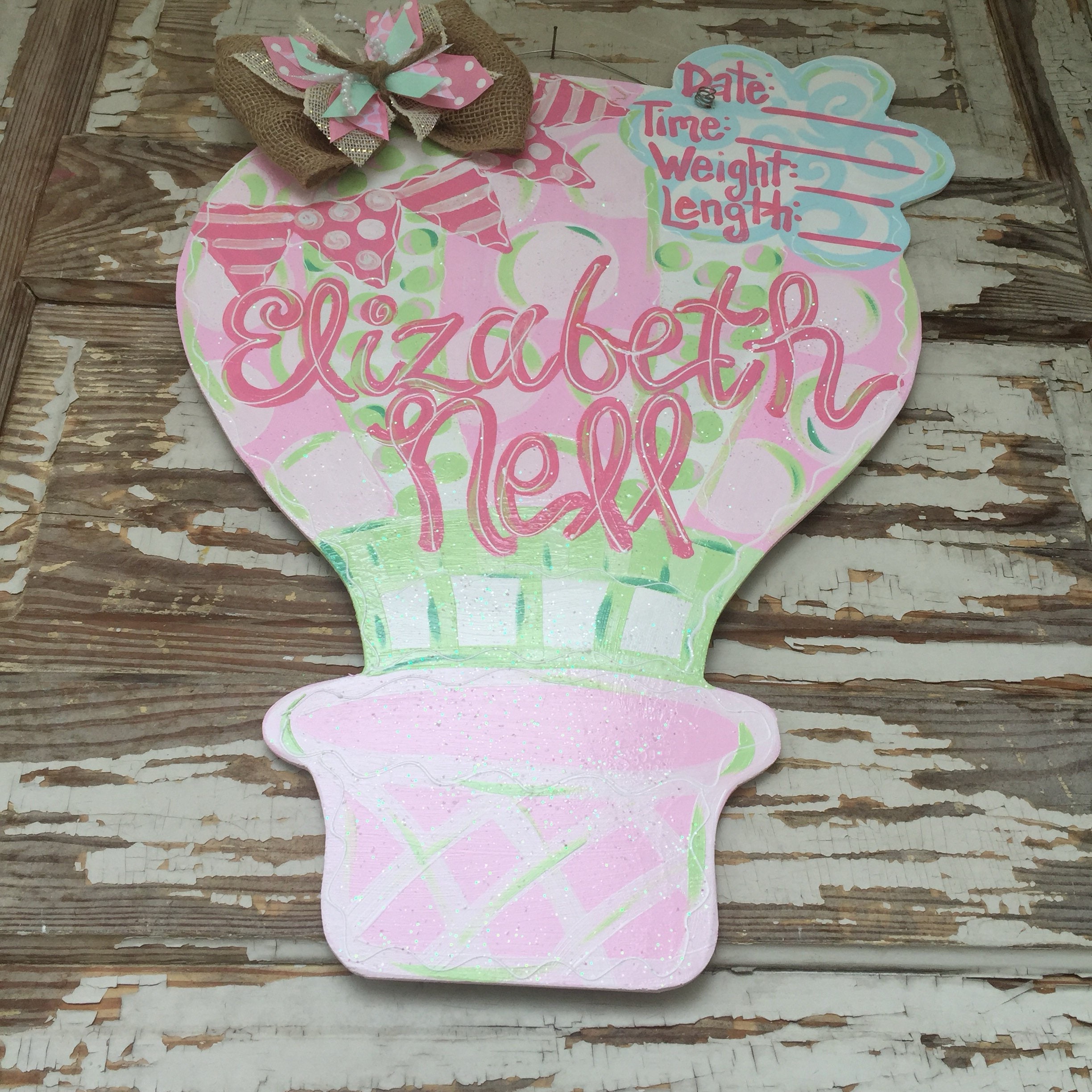 Hot Air Balloon - Birth Announcement - Hospital Door Hanger - Baby Girl ...