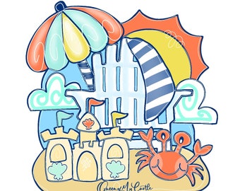 May include: A colorful beach-themed illustration featuring a beach umbrella, a beach ball, a white picket fence, sandcastles, a crab, and the sun. The image has a playful, cartoonish style with bright colors and the text "Queen of My Castle Designs".