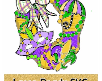 May include: A purple, green, and gold Mardi Gras wreath with a bow, mask, umbrella, and fleur-de-lis.  The wreath is decorated with beads and has a "Cherished by Lottie Designs" signature.