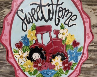 Plantilla para colgar en la puerta con forma de tractor de primavera – Decoración floral estilo granja (Descarga digital)