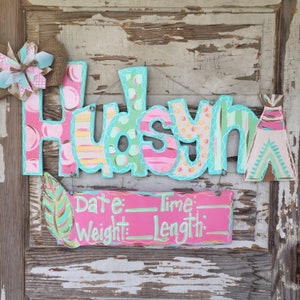 Personalized Baby Door Hanger -  Birth Announcement - Hospital Door Hanger - Baby Girl Nursery - Teepee - Nursery Decor