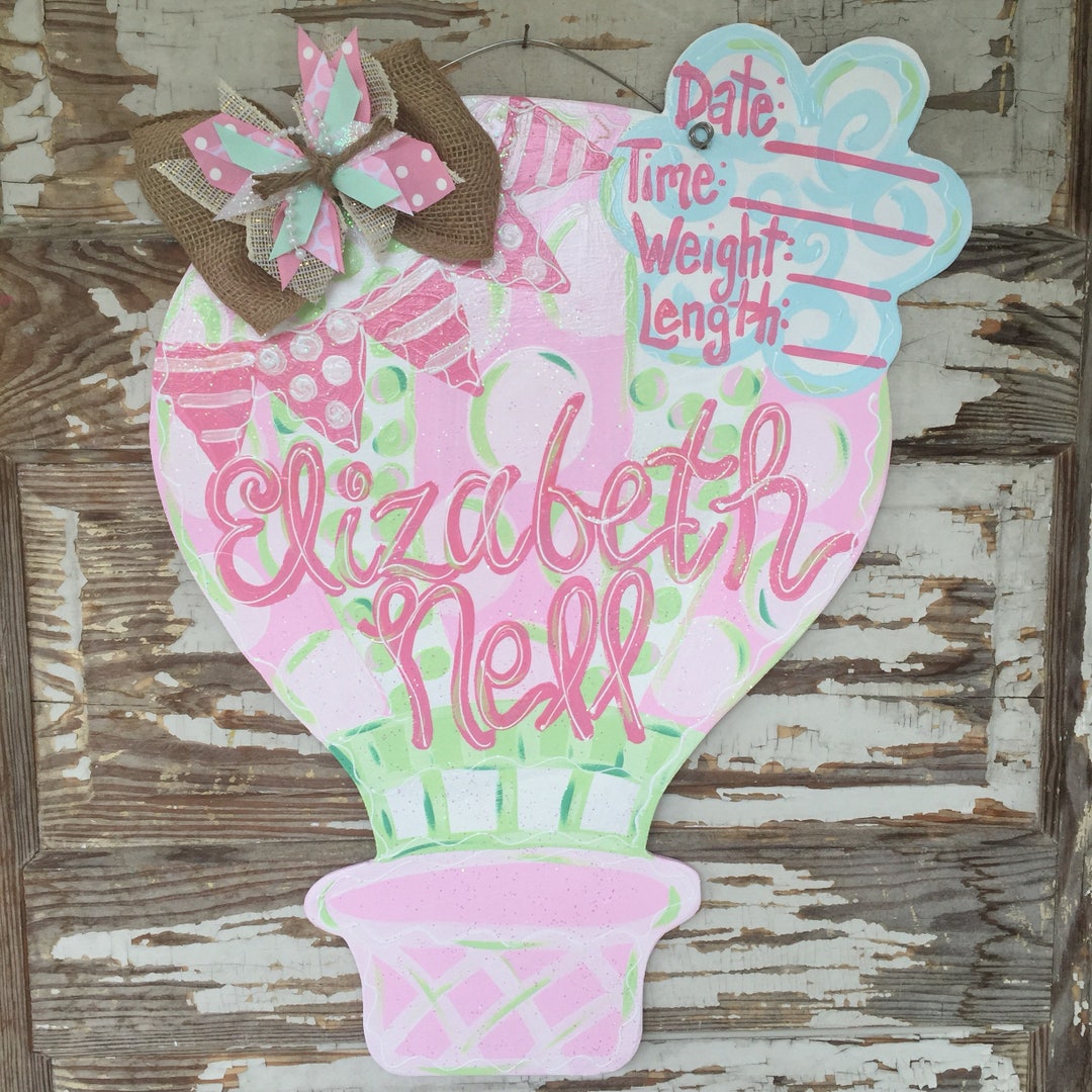 Hot Air Balloon - Birth Announcement - Hospital Door Hanger - Baby Girl ...