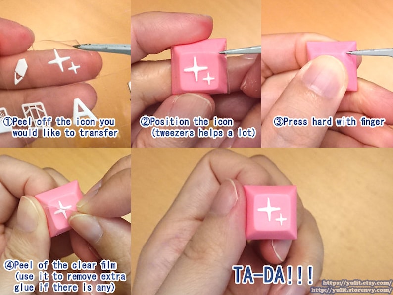 Puede incluir: Una gu&iacute;a paso a paso sobre c&oacute;mo aplicar teclas personalizadas a un teclado. La imagen muestra las manos de una persona aplicando una tecla de signo m&aacute;s blanco a una tecla de teclado rosa. El texto de la imagen dice "Despegue el icono que desea transferir", "Coloque el icono (las pinzas ayudan mucho)", "Presione fuerte con el dedo", "Despegue la pel&iacute;cula transparente (&uacute;sela para eliminar el exceso de pegamento si lo hay)" y "TA-DA!!!".