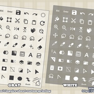 Puede incluir: Dos hojas de pegatinas con varios iconos y s&iacute;mbolos. La hoja de la izquierda es gris con iconos negros. La hoja de la derecha es blanca con iconos grises. Ambas hojas tienen las palabras "HAPPY DRAWING!" y "@yulit" en la parte inferior.