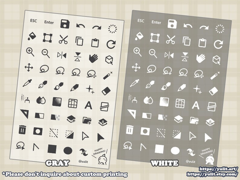 Puede incluir: Dos hojas de pegatinas con varios iconos y s&iacute;mbolos. La hoja de la izquierda es gris con iconos negros. La hoja de la derecha es blanca con iconos grises. Ambas hojas tienen las palabras "HAPPY DRAWING!" y "@yulit" en la parte inferior.