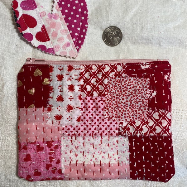 red and pink zippered pouch/ slow stiched pouch / fabric scraps pouch / sashiko inspired / boro pouch