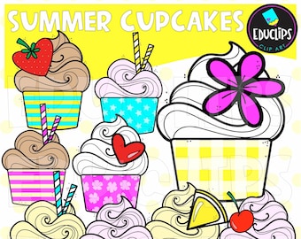 Summer Cupcakes Clip Art, Food Graphics, Cake Images, COMMERCIAL USE, Summer
