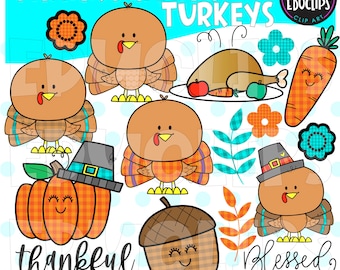 Thanksgiving kalkoenen Clip Art Set, november graphics, voedselafbeeldingen, COMMERCIEEL GEBRUIK, Instant Download