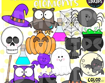 Illustraties Halloween-elementen, afbeeldingen oktober, heks, uil, vleermuisafbeeldingen, COMMERCIEEL GEBRUIK