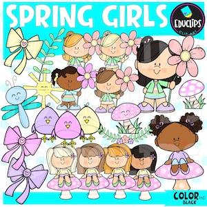 Conjunto de imágenes prediseñadas de niñas de primavera, gráficos de primavera, imágenes infantiles, uso comercial