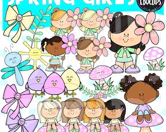 Spring Girls Clip Art Set, Springtime Graphics, Kids Images, COMMERCIEEL GEBRUIK