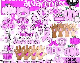 Breast Cancer Awareness Clip Art Set, oktober-afbeeldingen, roze afbeeldingen, COMMERCIEEL GEBRUIK