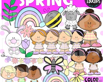 Spring Kids-clipartset, pastelkleurige dieren, bloemen (digitale download)
