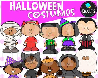 Costumes d’Halloween Clip Art Set, Images habillées, Graphiques d’automne, Tenues, Octobre, UTILISATION COMMERCIALE