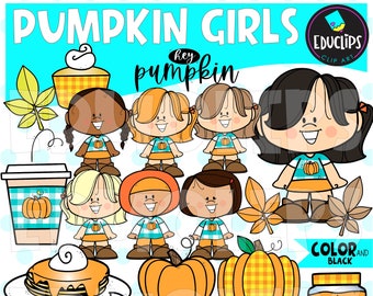 Pumpkin Girls Clip Art Set, Pumpkins Graphics, Fall Girls, Autumn Images, Pumpkin Pie, COMMERCIAL USE