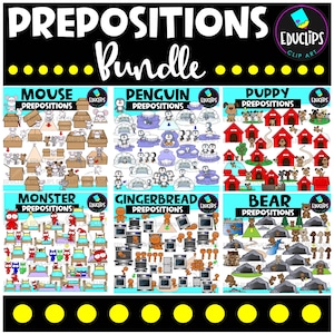 Puede incluir: Un gráfico negro con la palabra "PREPOSITIONS" en la parte superior y "Bundle" en cursiva. Debajo hay seis ilustraciones coloridas de preposiciones con ratones, pingüinos, cachorros, monstruos, hombres de jengibre y osos. El logotipo de Educlips está en la esquina superior derecha.