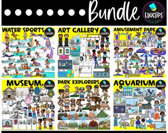 Zomeravonturen-clipartbundel: watersporten, pretpark, museum, aquarium, kunstgalerie, parkverkenners