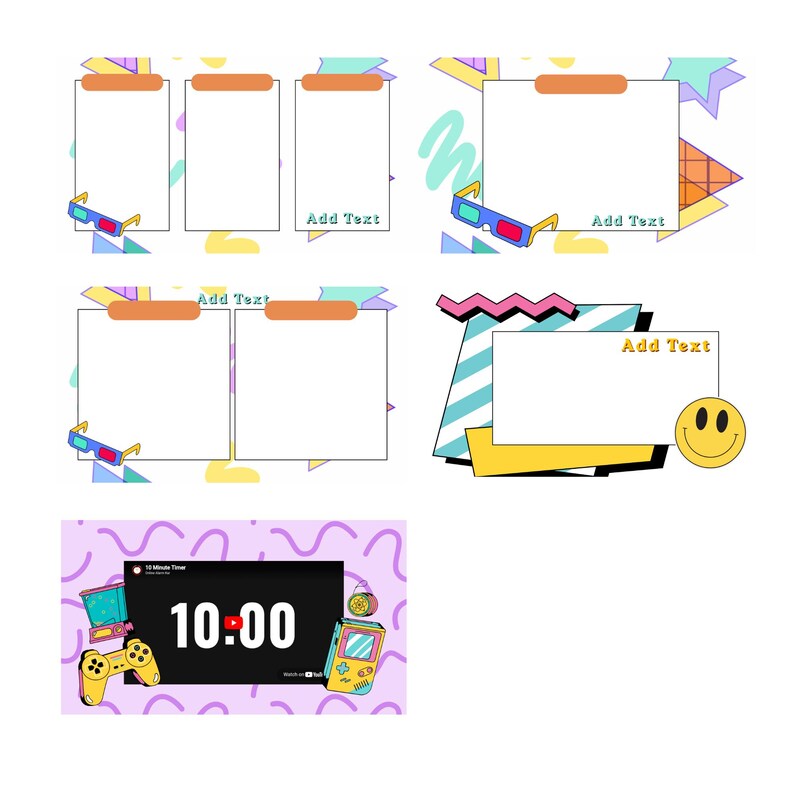 May include: A collection of retro-themed digital graphics with a white background. The graphics include blank rectangular frames with orange tabs, 3D glasses, and a smiley face. One graphic displays a timer reading 10:00 with a controller and a handheld game console.