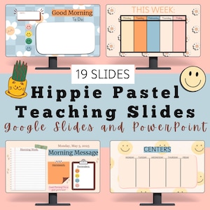 May include: A digital presentation template with a "Hippie Pastel" theme. The image shows four computer screens displaying slides with pastel colors, smiley faces, and text such as "Good Morning" and "This Week". The text "19 Slides" is also visible.