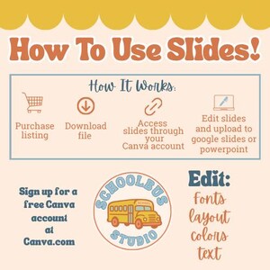 May include: A graphic with the text "How To Use Slides!" and instructions for using slides. The steps include purchasing a listing, downloading a file, accessing slides through a Canva account, and editing slides. The image also includes the Schoolbus Studio logo.