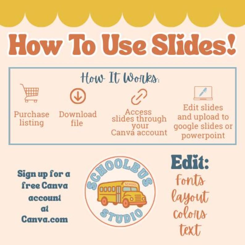 May include: A graphic with the text "How To Use Slides!" and instructions for using slides. The steps include purchasing a listing, downloading a file, accessing slides through a Canva account, and editing slides. The image also includes the Schoolbus Studio logo.