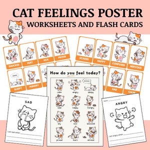 Può includere: Un poster stampabile con illustrazioni colorate di gatti che esprimono diverse emozioni, come la felicità, la tristezza, la paura e il sonno. Il poster include fogli di lavoro e flash card per insegnare ai bambini le emozioni.