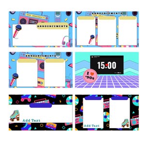 May include: A collection of digital announcement templates with a retro 90s theme. The templates feature boomboxes, microphones, roller skates, and the text "Announcements" and "Add Text". The color palette includes blue, pink, and teal.