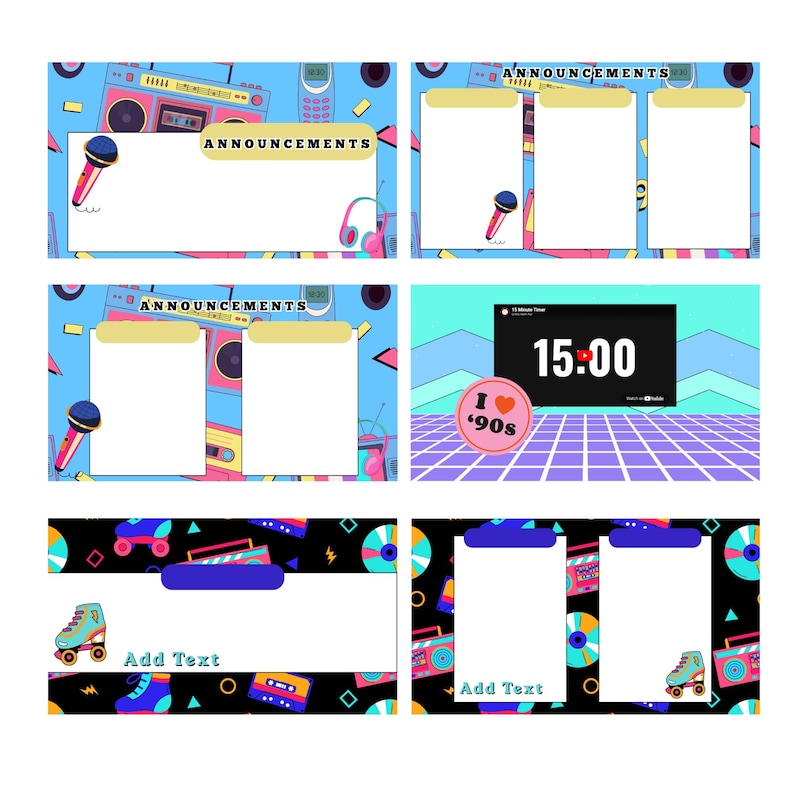 May include: A collection of digital announcement templates with a retro 90s theme. The templates feature boomboxes, microphones, roller skates, and the text "Announcements" and "Add Text". The color palette includes blue, pink, and teal.