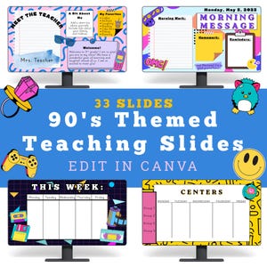May include: A collection of 90s-themed teaching slides displayed on computer monitors. The slides feature colorful designs with text like "Meet the Teacher," "Morning Message," and "This Week." The image includes a pacifier, a game controller, and a smiley face.