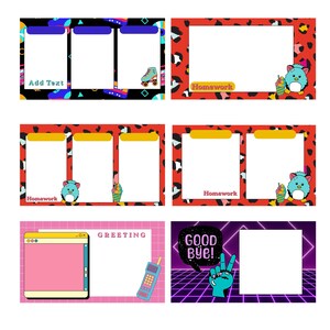 May include: A collection of digital templates with various designs. Includes templates with the text "Add Text", "Homework", and "Greeting". The designs feature a roller skate, a cartoon bird, and a retro phone. The backgrounds have leopard print, geometric shapes, and a grid.