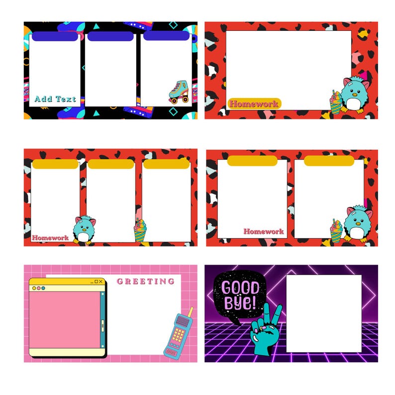 May include: A collection of digital templates with various designs. Includes templates with the text "Add Text", "Homework", and "Greeting". The designs feature a roller skate, a cartoon bird, and a retro phone. The backgrounds have leopard print, geometric shapes, and a grid.