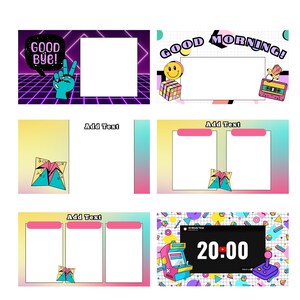 May include: A collection of digital templates with a retro 80s and 90s aesthetic. Designs include text bubbles with "Good Bye!" and "Good Morning!", along with a smiley face, Rubik's cube, and a cassette tape. Other templates have space to "Add Text".