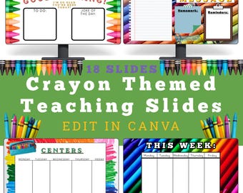 Crayon Themed Classroom Slides to edit in Canva