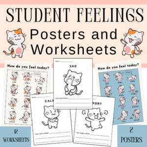 Può includere: Un set di 12 fogli di lavoro stampabili e 2 poster per insegnare agli studenti i sentimenti. I fogli di lavoro presentano un gatto dei cartoni animati con diverse espressioni facciali che rappresentano emozioni come la tristezza, la calma e la rabbia. Ogni foglio di lavoro ha uno spazio per gli studenti per scrivere quando provano quella emozione. I poster presentano una griglia di gatti dei cartoni animati con diverse espressioni facciali che rappresentano diverse emozioni.