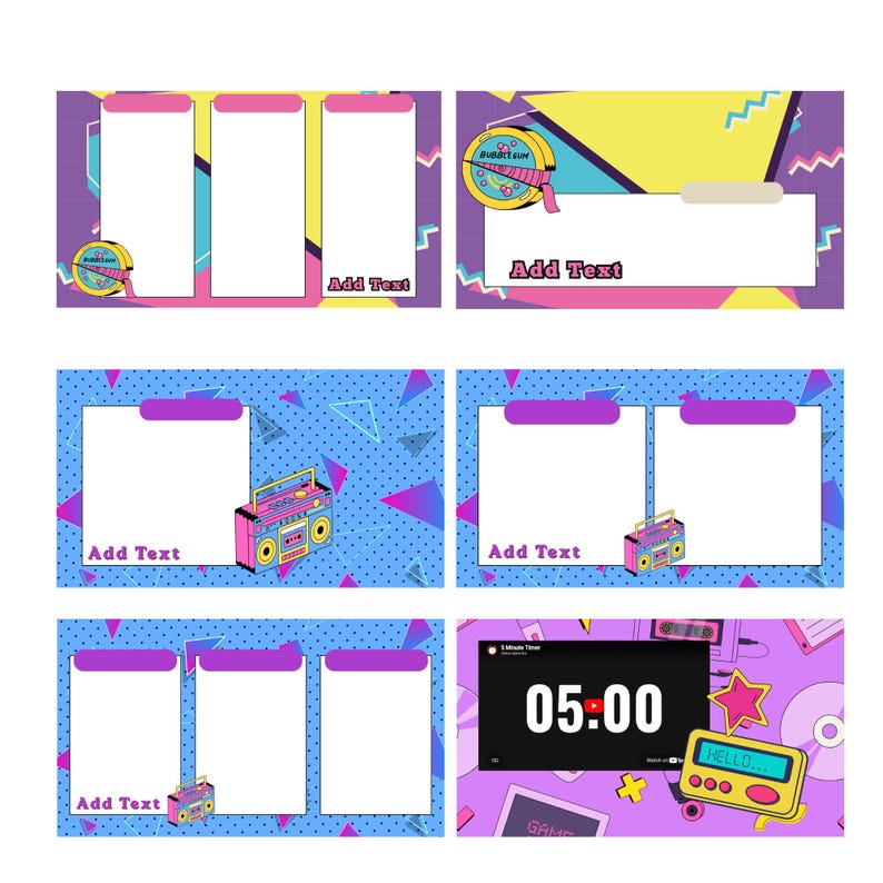 May include: A collection of retro-themed digital templates with a vibrant 80s aesthetic. Each template features a mix of geometric shapes, bright colors, and the option to add text. Includes a timer and a boombox illustration.