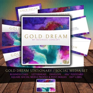 Set stazionario Gold Dream: biglietti da visita, carta intestata, buste, cartoline, etichette, social media