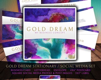 Gold Dream Stationary Set - business card, letterhead, envelopes, postcard, label, social media