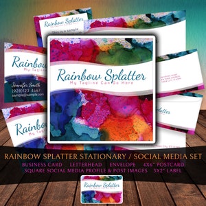 Set di cancelleria - Design arcobaleno schizzato - biglietti da visita, carta intestata, buste, cartoline, etichette, social media