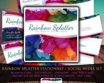 Stationary Set - Splattered Rainbow Design - business card, letterhead, envelopes, postcard, label, social media