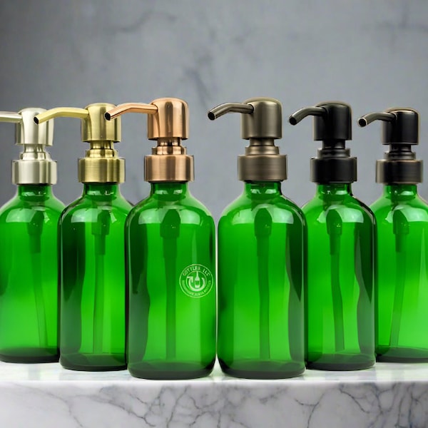 Green Glass Bottle 8oz Soap Dispenser - KS No. 8 Stainless Metal Pump