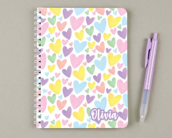 Personalized Girls Notebook, Notebooks Personalized Notebooks for School, Girls Rainbow Heart Notebook for Kids, Heart Pattern Notebook