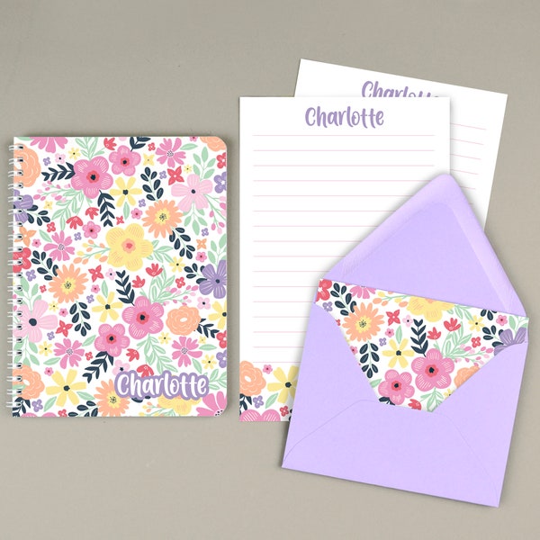 Kids Letter Writing Set, Personalized Stationary Paper for Girls, Floral Notebook, Summer Camp Stationery, Pen Pal Writing Paper Set