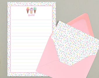 Kids Letter Writing Set, Summer Camp Stationery, Personalized Stationary Paper for Girls, Ice Cream Stationary, Pen Pal Kit