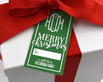 Etiquettes cadeaux de Noël personnalisées, motif monogramme des Fêtes