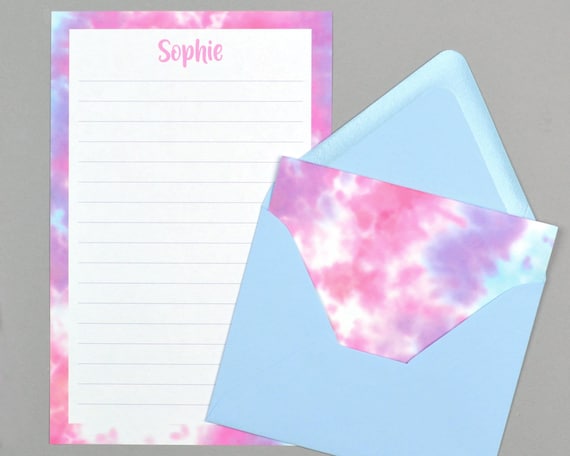 Kids Letter Writing Set, Personalized Summer Camp Stationary Paper for Girls, Tie Dye Stationary, Personalized Kids Pen Pal Stationery
