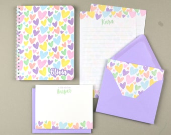 Personalized Stationary Set, Kids Letter Writing Set, Writing Paper for Girls, Heart Notebook, Pen Pal Writing Paper Set, Camp Stationery